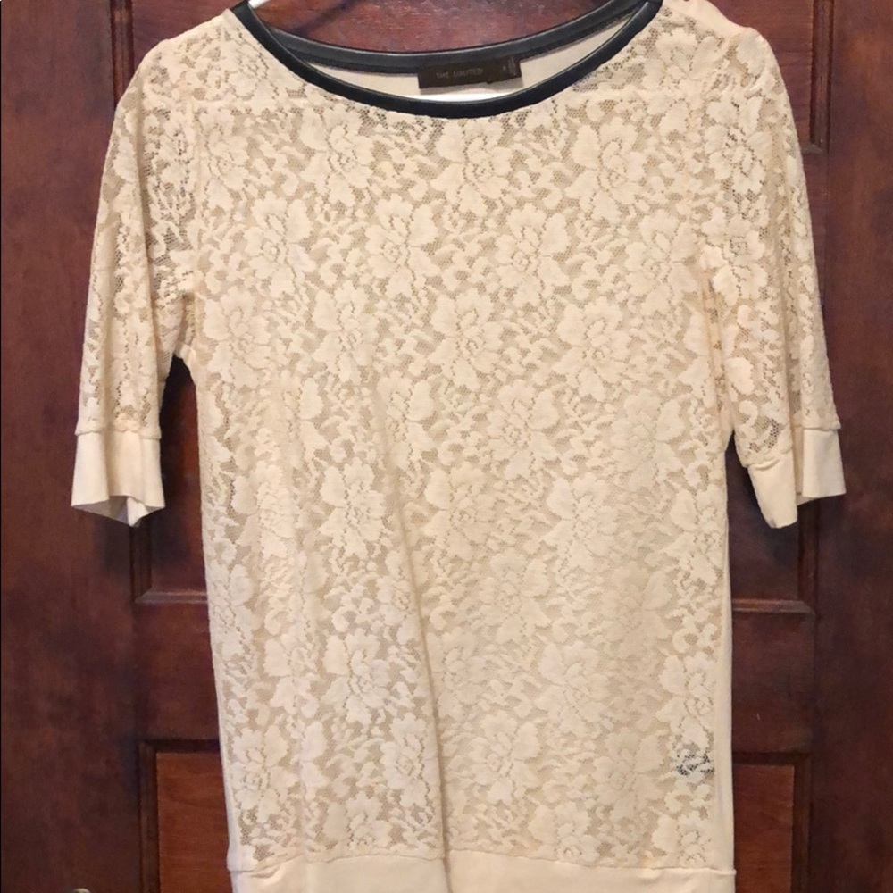 Faux leather blk skirt with ivory lace top